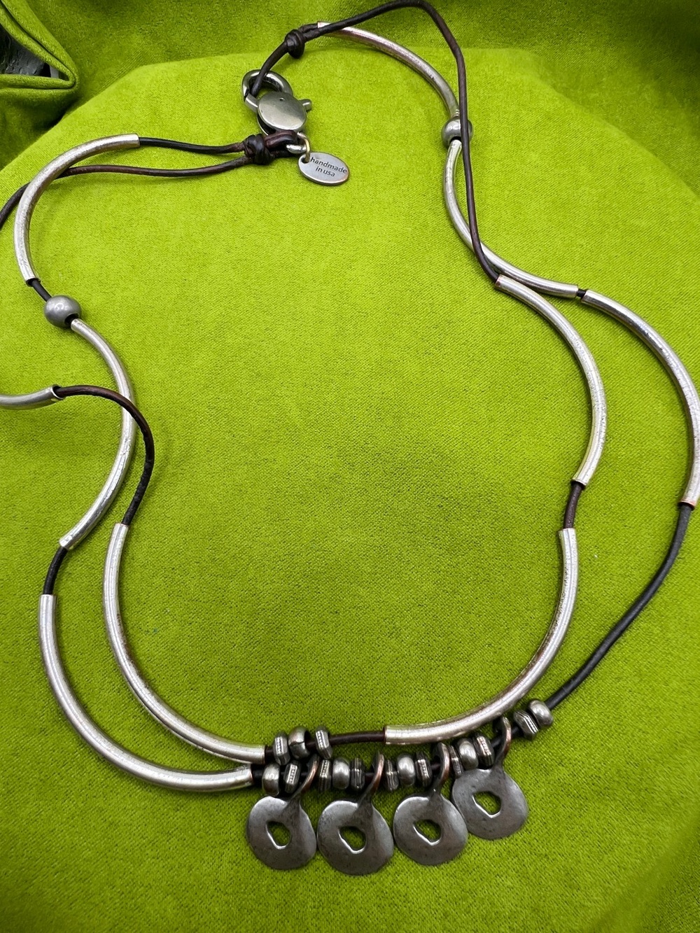 Lizzy James Handmade USA Leather Silver Tube Necklace Boho Artisan Statement Jew